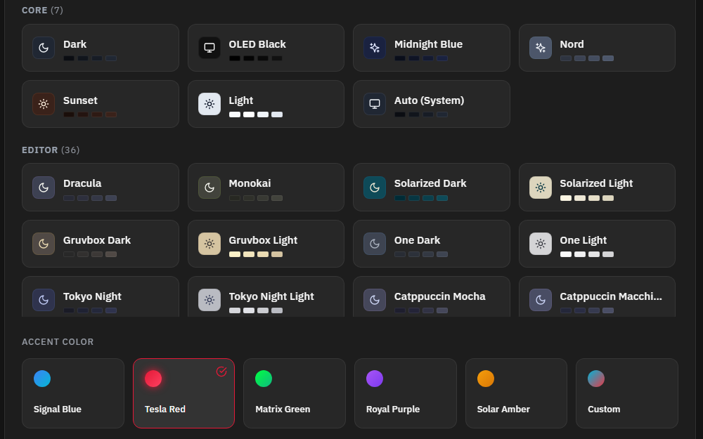 Current TeslaSync appearance controls with the Tesla Red accent selected