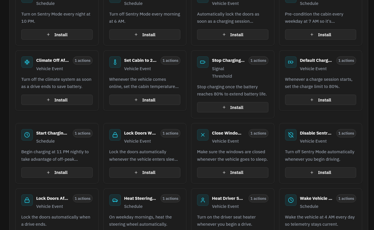 Current TeslaSync automation templates for schedules and vehicle events