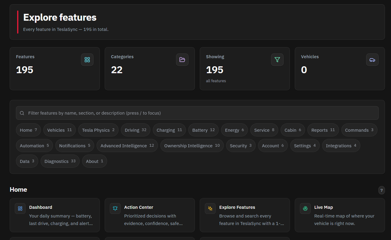 Current TeslaSync feature catalogue with categories and search