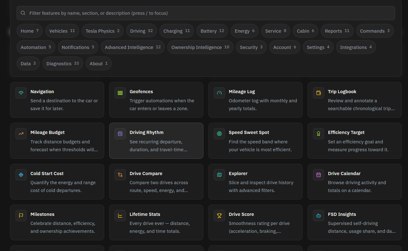 Current TeslaSync driving catalogue with navigation and trip analysis tools